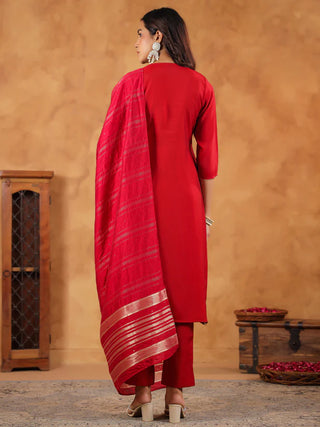 Maroon Chanderi Embroidered Suit Set with Dupatta