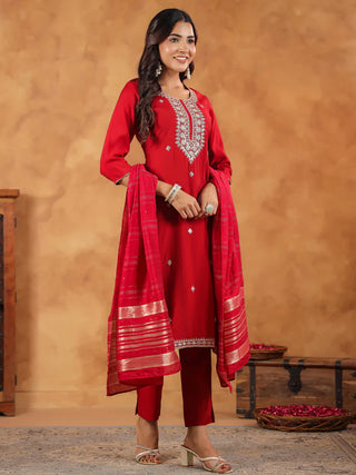 Maroon Chanderi Embroidered Suit Set with Dupatta