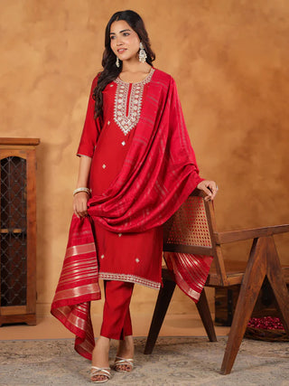 Maroon Chanderi Embroidered Suit Set with Dupatta