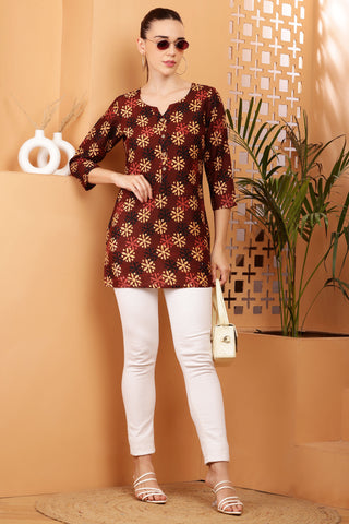 Maroon Rayon Geometric Print Short Kurta