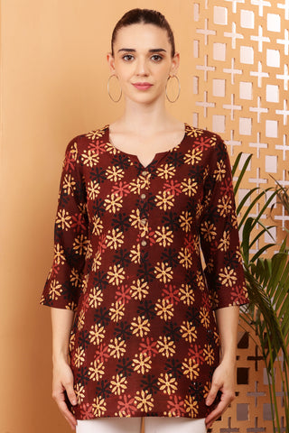 Maroon Rayon Geometric Print Short Kurta