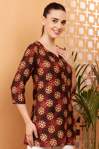 Maroon Rayon Geometric Print Short Kurta
