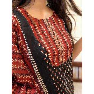 Black & Maroon Viscose Block Print Straight Shape Suit Set with Chanderi Cotton Dupatta