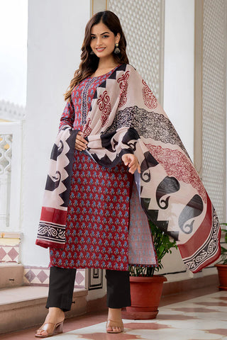 Maroon Rayon Blend Ethnic Motif Print Straight Shape Suit Set with Dupatta