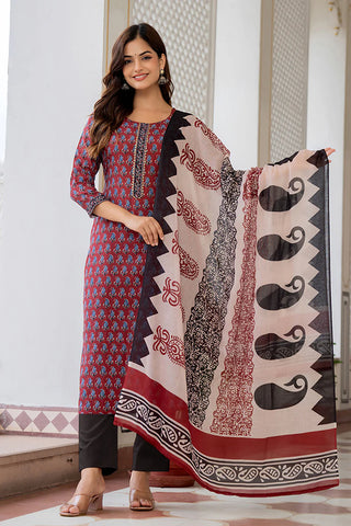 Maroon Rayon Blend Ethnic Motif Print Straight Shape Suit Set with Dupatta