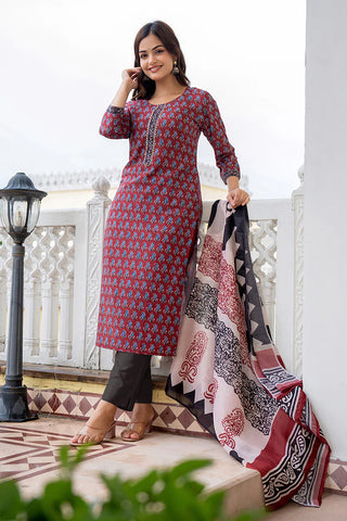 Maroon Rayon Blend Ethnic Motif Print Straight Shape Suit Set with Dupatta