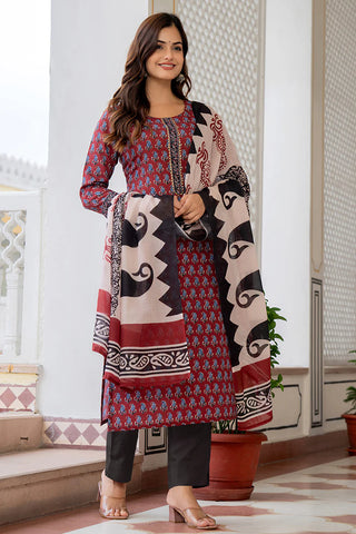 Maroon Rayon Blend Ethnic Motif Print Straight Shape Suit Set with Dupatta