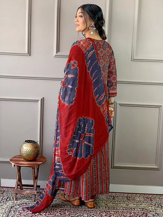 Maroon Cotton Embroidered & Digital Print Kurta with Rayon Bottom Teamed with Nazneen Dupatta