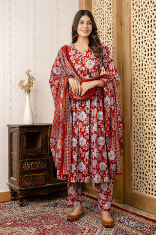 Maroon Pure Cotton Floral Print Anarkali Suit Set with Dupatta