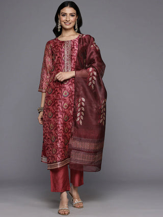 Maroon Silk Blend Floral Print Suit Set with Dupatta