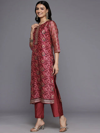 Maroon Silk Blend Floral Print Suit Set with Dupatta