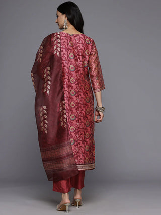 Maroon Silk Blend Floral Print Suit Set with Dupatta