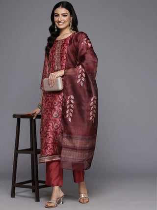 Maroon Silk Blend Floral Print Suit Set with Dupatta