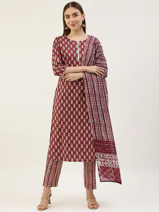 Maroon Cotton Printed Suit Set with Dupatta