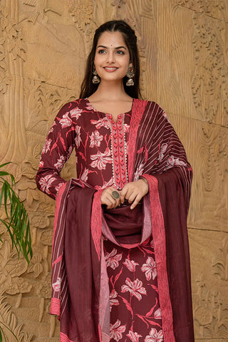 Maroon Rayon Blend Floral Print A Line Shape Kurta with Cotton Blend Bottom & Dupatta