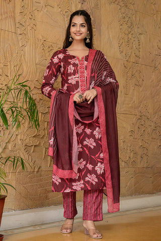 Maroon Rayon Blend Floral Print A Line Shape Kurta with Cotton Blend Bottom & Dupatta