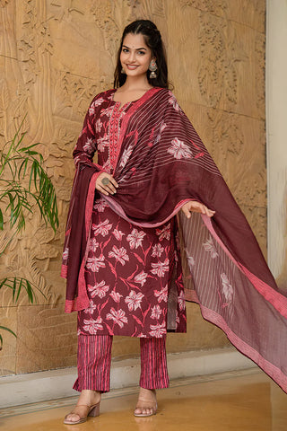 Maroon Rayon Blend Floral Print A Line Shape Kurta with Cotton Blend Bottom & Dupatta