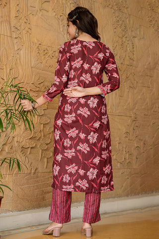 Maroon Rayon Blend Floral Print A Line Shape Kurta with Cotton Blend Bottom & Dupatta