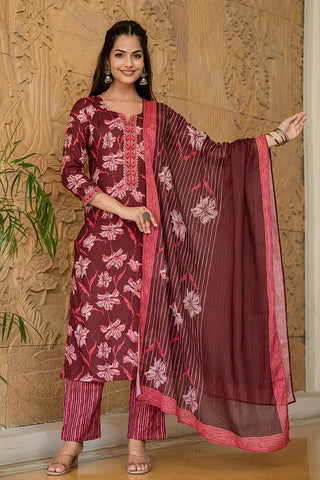 Maroon Rayon Blend Floral Print A Line Shape Kurta with Cotton Blend Bottom & Dupatta