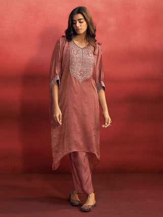 Mauve Organza Embroidered Kaftan with Viscose Bottom