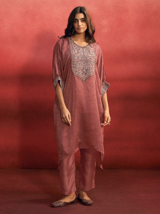 Mauve Organza Embroidered Kaftan with Viscose Bottom