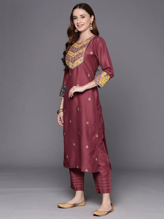 Mauve Silk Blend Embroidered Suit Set with Organza Dupatta