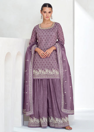 Mauve Chinon Silk Pakistani Style Embroidered Garara Suit Set with Dupatta