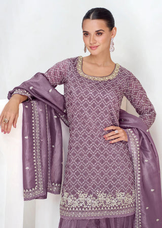 Mauve Chinon Silk Pakistani Style Embroidered Garara Suit Set with Dupatta