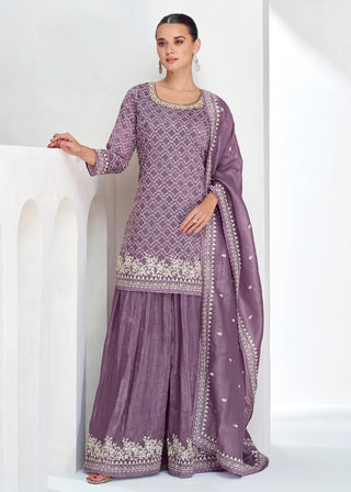 Mauve Chinon Silk Pakistani Style Embroidered Garara Suit Set with Dupatta