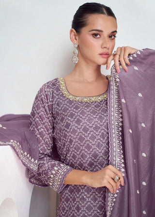 Mauve Chinon Silk Pakistani Style Embroidered Garara Suit Set with Dupatta