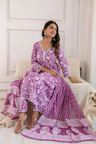 Mauve Pure Cotton Floral Print Anarkali Suit Set with Dupatta