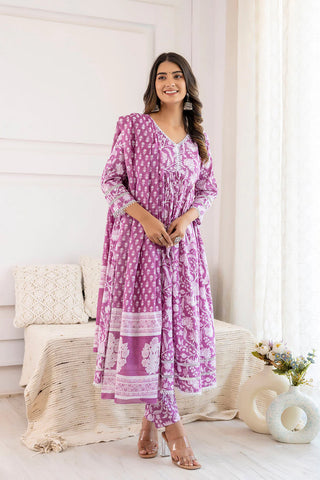 Mauve Pure Cotton Floral Print Anarkali Suit Set with Dupatta