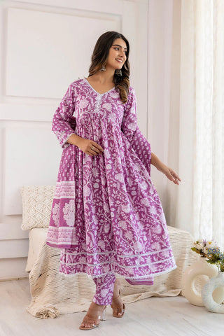 Mauve Pure Cotton Floral Print Anarkali Suit Set with Dupatta