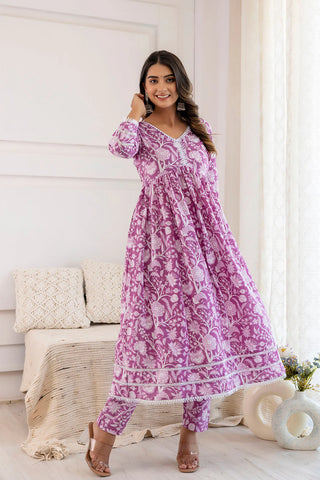 Mauve Pure Cotton Floral Print Anarkali Suit Set with Dupatta