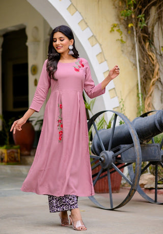 Mauve Viscose Rayon Embroidered A Line Kurta with Cotton Printed Palazzos