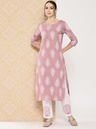 Mauve & White Ethnic Motif Print Kurta Trouser Set