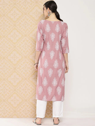 Mauve & White Ethnic Motif Print Kurta Trouser Set