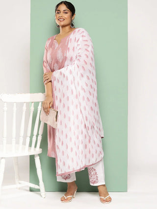 Mauve & Off-White Rayon Ethnic Motif Print Straight Shape Suit Set with Voile Dupatta