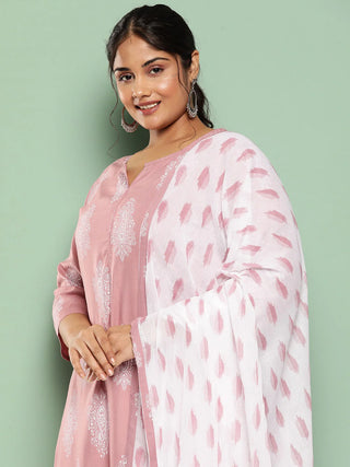 Mauve & Off-White Rayon Ethnic Motif Print Straight Shape Suit Set with Voile Dupatta