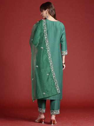 Green Silk Blend Embroidered Straight Shape Suit Set with Organza Dupatta