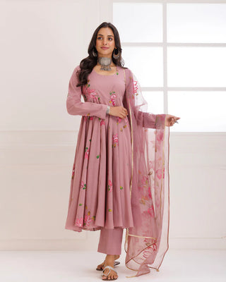 Organza Mauve Hand Painted Anarkali Suit Set with Dupatta