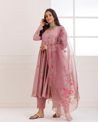 Organza Mauve Hand Painted Anarkali Suit Set with Dupatta