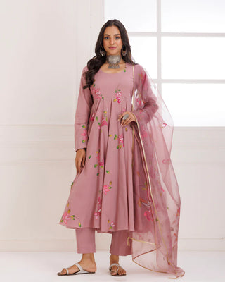 Organza Mauve Hand Painted Anarkali Suit Set with Dupatta