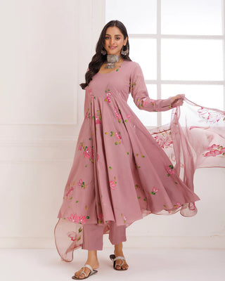 Organza Mauve Hand Painted Anarkali Suit Set with Dupatta