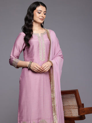 Mauve Silk Blend Zari Embroidered Suit Set with Pure Silk Dupatta