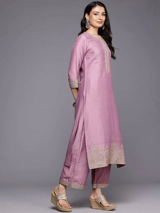 Mauve Silk Blend Zari Embroidered Suit Set with Pure Silk Dupatta