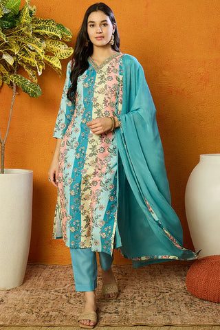 Multi Color Cotton Blend Floral Print Suit Set with Dupatta
