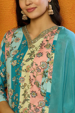 Multi Color Cotton Blend Floral Print Suit Set with Dupatta