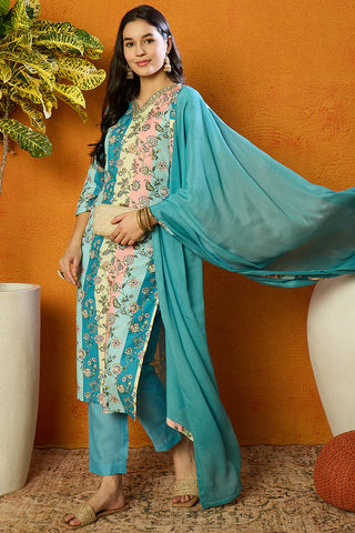 Multi Color Cotton Blend Floral Print Suit Set with Dupatta