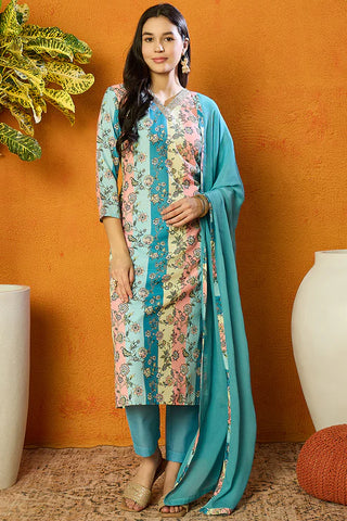 Multi Color Cotton Blend Floral Print Suit Set with Dupatta